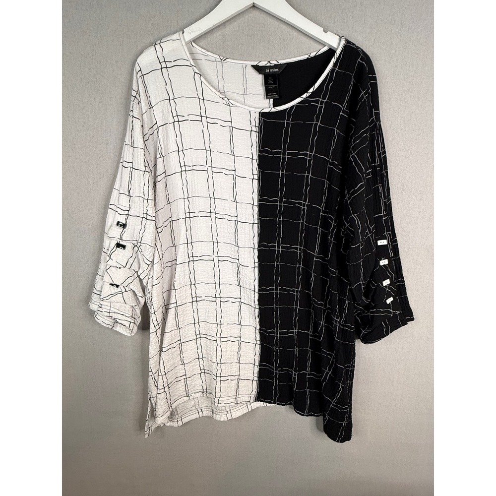 Ali Miles Top Womens 1X Black White Colorblock Crinkle 3/4 Sleeve Top Artsy